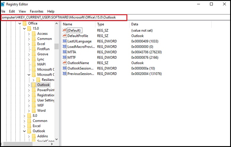 对于 Outlook 2013，请键入配置文件密钥